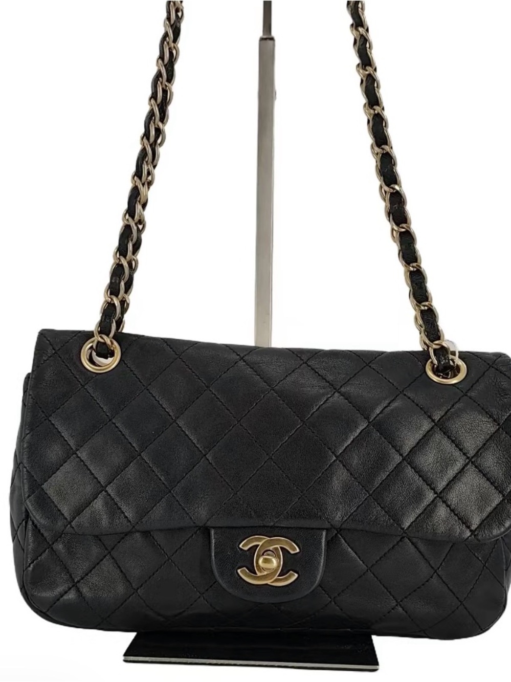 CHANEL Black Quilted Lambskin Shoulder Bag with Gold Hardware